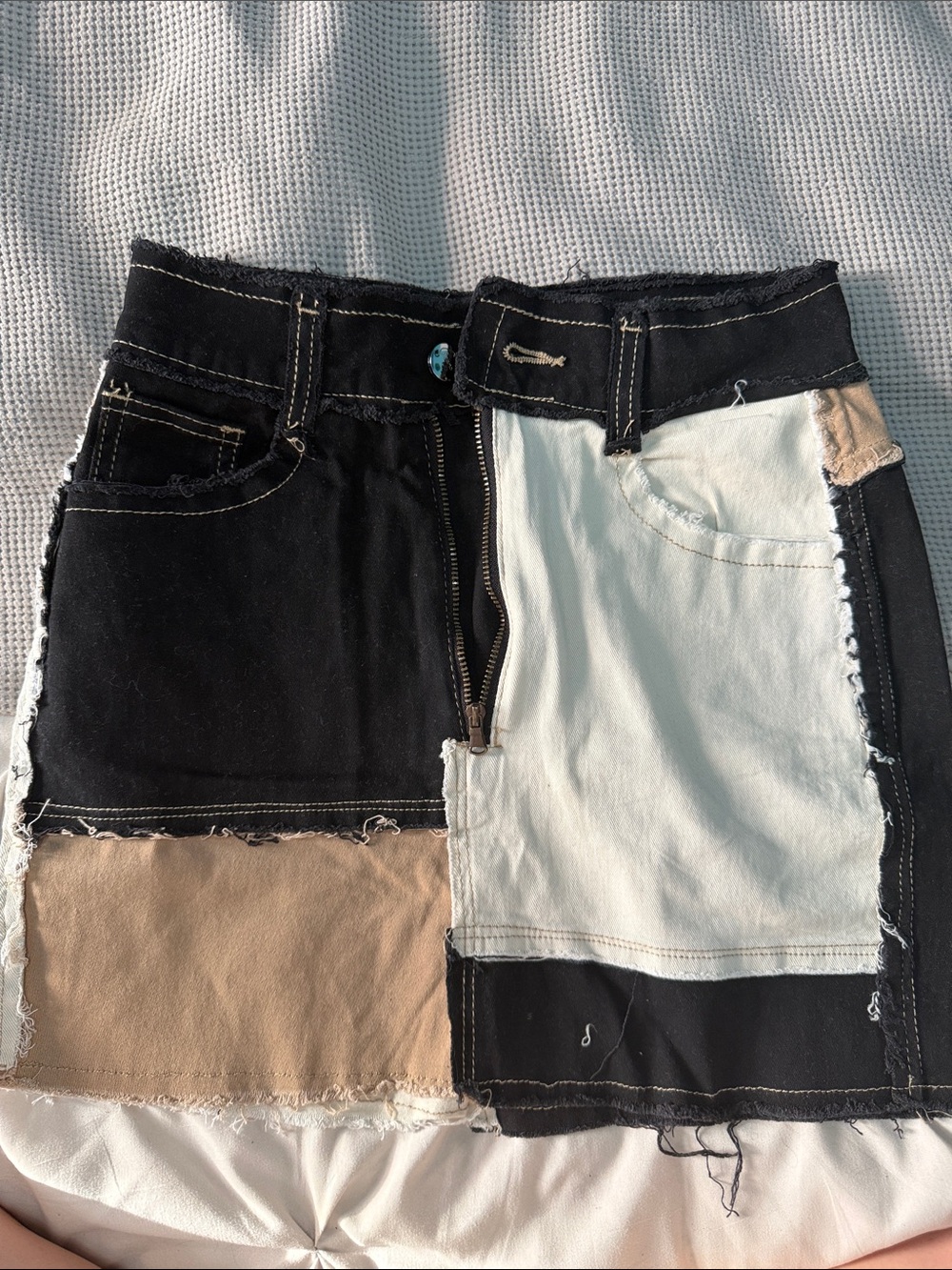 Colorblock Patchwork Mini Skirt - Black, Cream, Tan